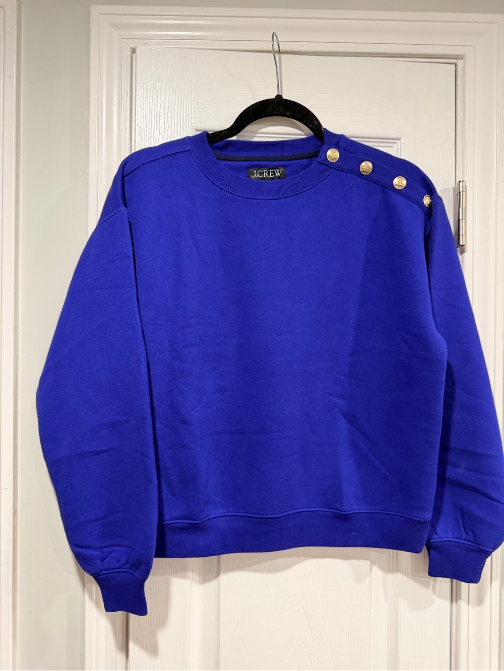 NWOT J.Crew Size XS Royal Blue Metal Button Shoulder Sweatshirt Crewneck